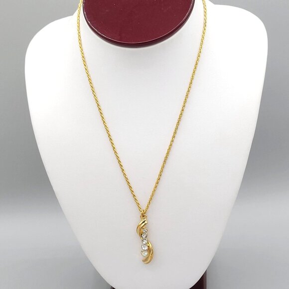 S Curve Pendant Necklace With Five CZ Cubic Zirconia 18" Gold Tone Chain - Picture 4 of 8